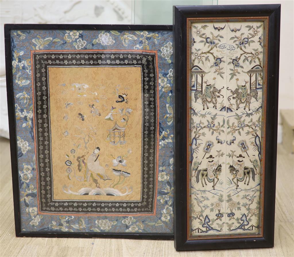 A pair of Chinese sleeve panels (single black frame), width 16cm, height 50cm and another, larger